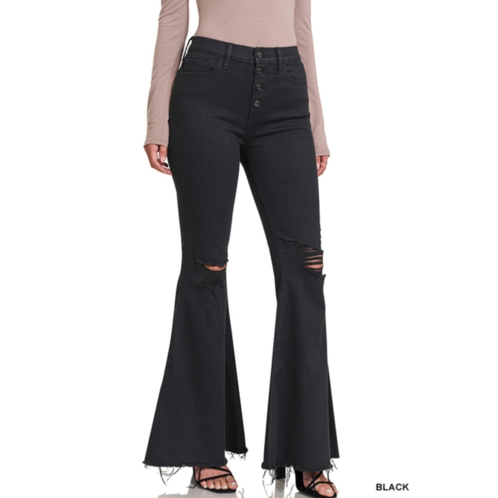 Zenana Raw Hem Bell Bottom Button Fly Distressed‎ Black Jeans NWT - Picture 2 of 3